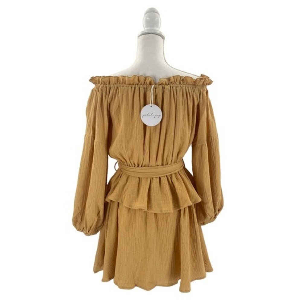 Petal & Pup NEW Callie Off the Shoulder Gauzy Ruffle Mini Dress Yellow Size L - Picture 7 of 11
